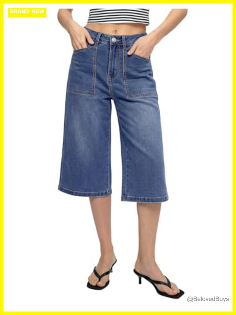 Capri Jeans Wide Leg High Waisted Stretchy Denim Culottes Pockets